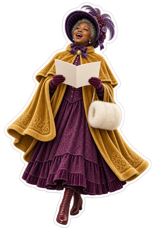 Christmas Caroler Woman Purple Gown Gold Cape Vinyl Sticker Decal