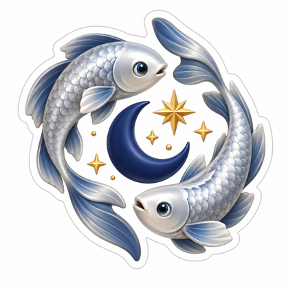 Two Silver Fish Circling Navy Crescent And Stars Vinyl Sticker Decal