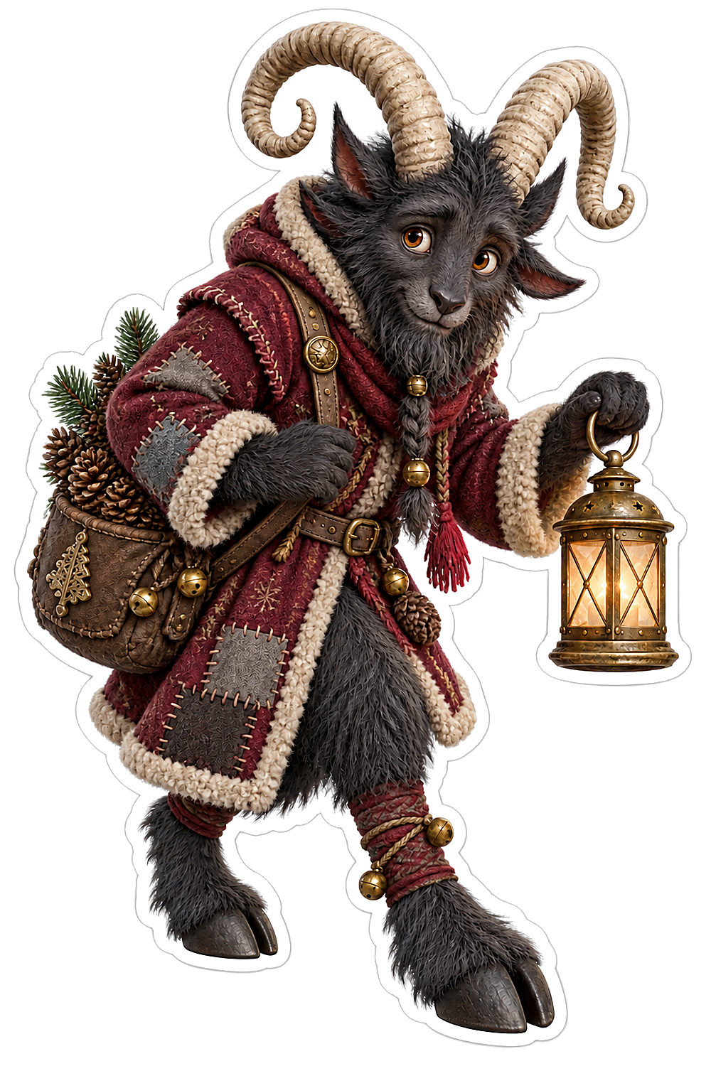 Horned Winter Creature with Basket and Lantern Vinyl Sticker Decal