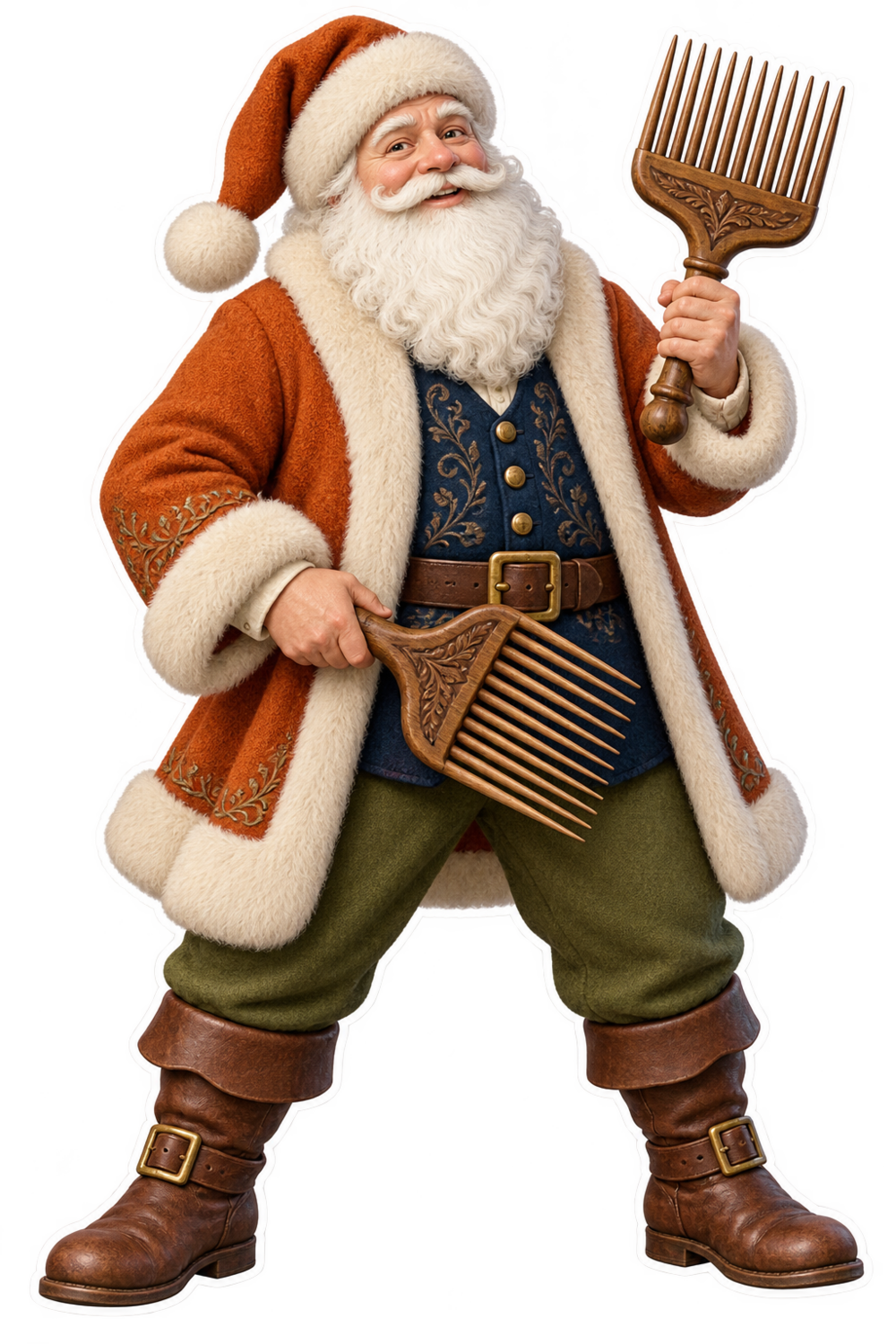 Santa Antique Carved Wooden Wool Combs Vinyl Sticker Decal