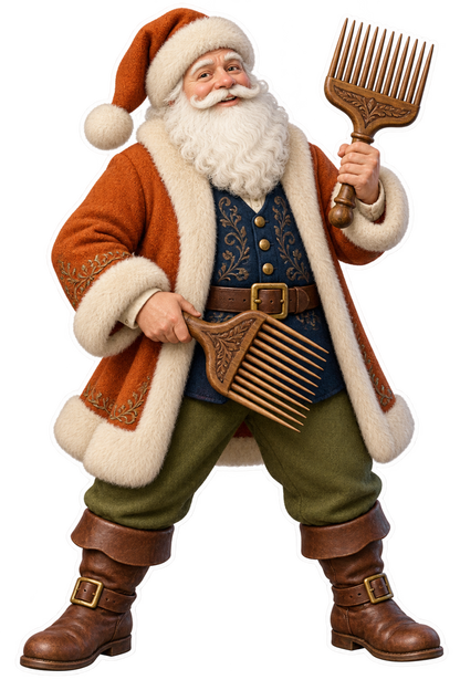 Santa Antique Carved Wooden Wool Combs Vinyl Sticker Decal