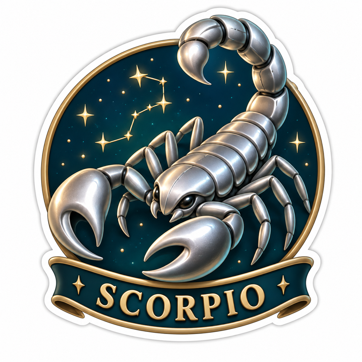 Silver Scorpion On Dark Teal Celestial Disk Vinyl Sticker Decal