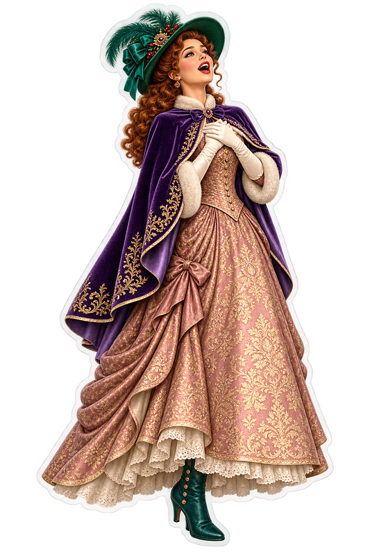 Christmas Caroler Woman Peach Dress Purple Cape Vinyl Sticker Decal
