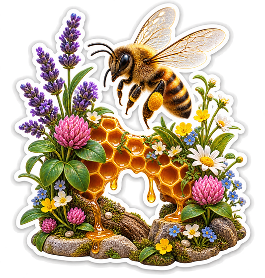 Honeybee Honeycomb and Wildflowers Vinyl Sticker Decal