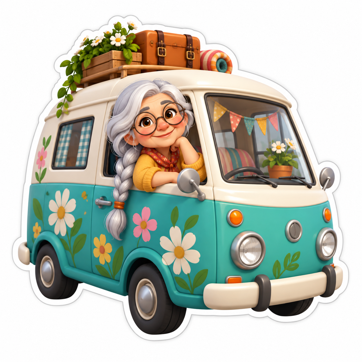 Silver Braid Woman Teal Flower Camper Vinyl Sticker Decal