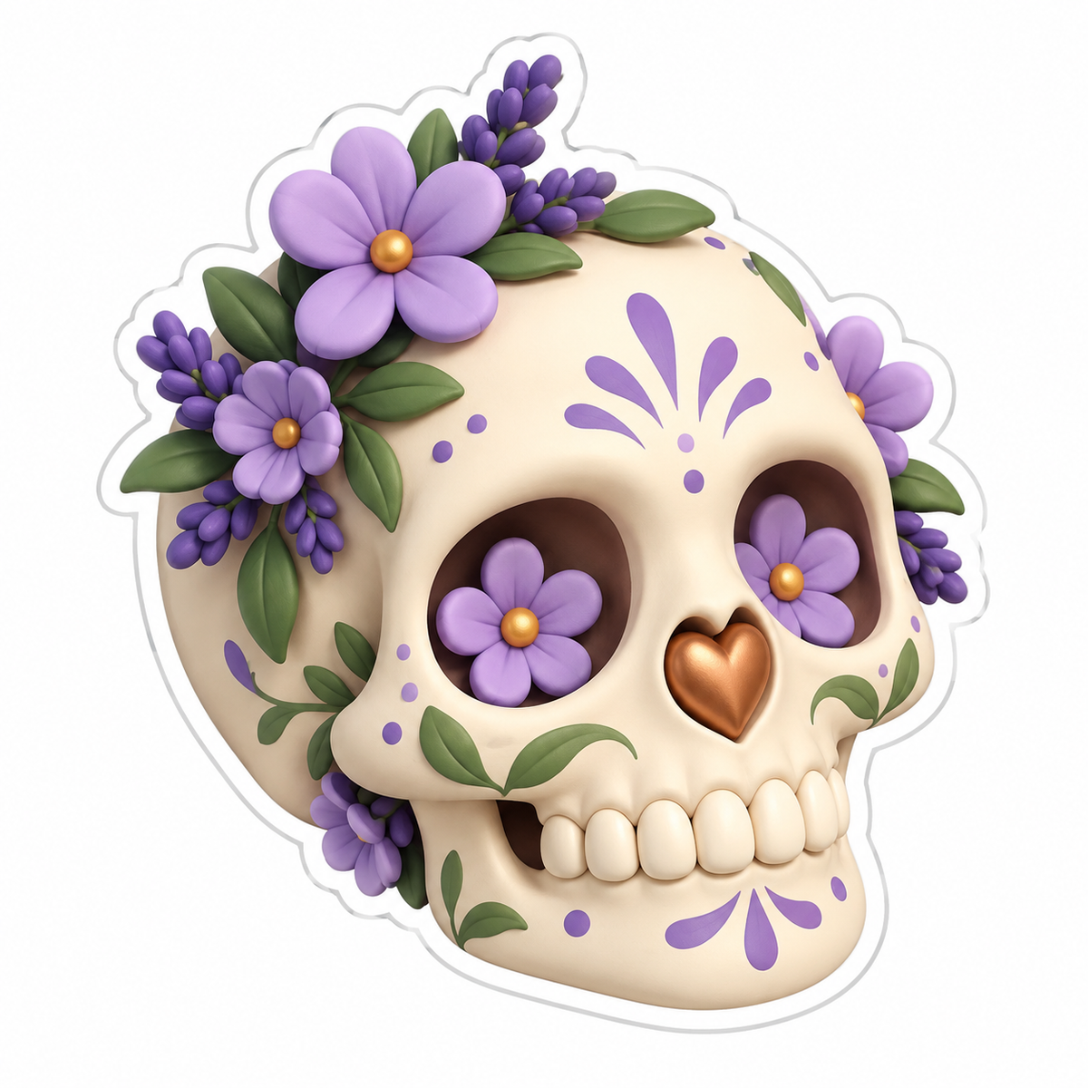 Cream Skull With Lavender Floral Decorations Vinyl Sticker Decal