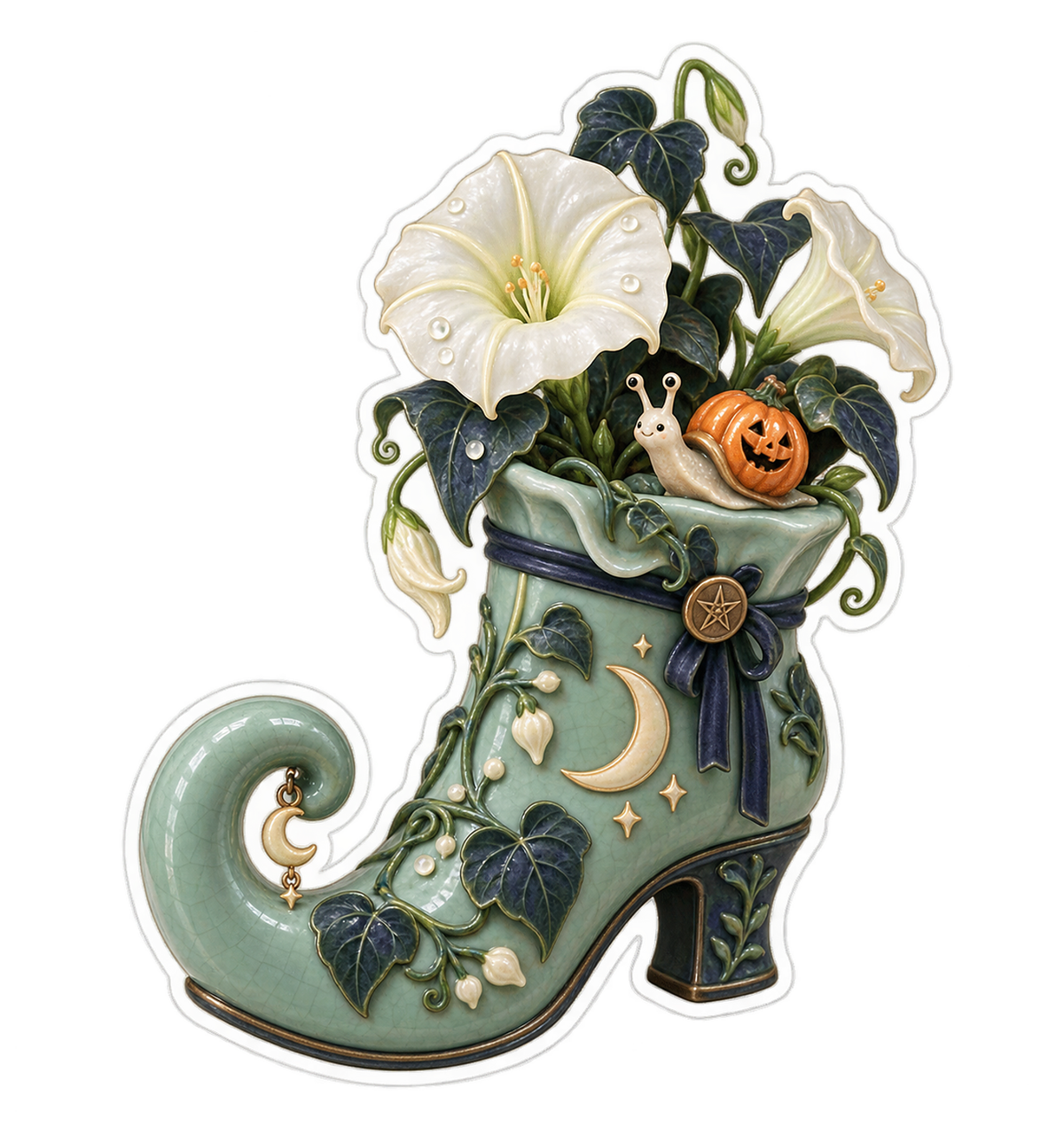 Celadon Ceramic Witch Boot Moonflower Garden Vinyl Sticker Decal