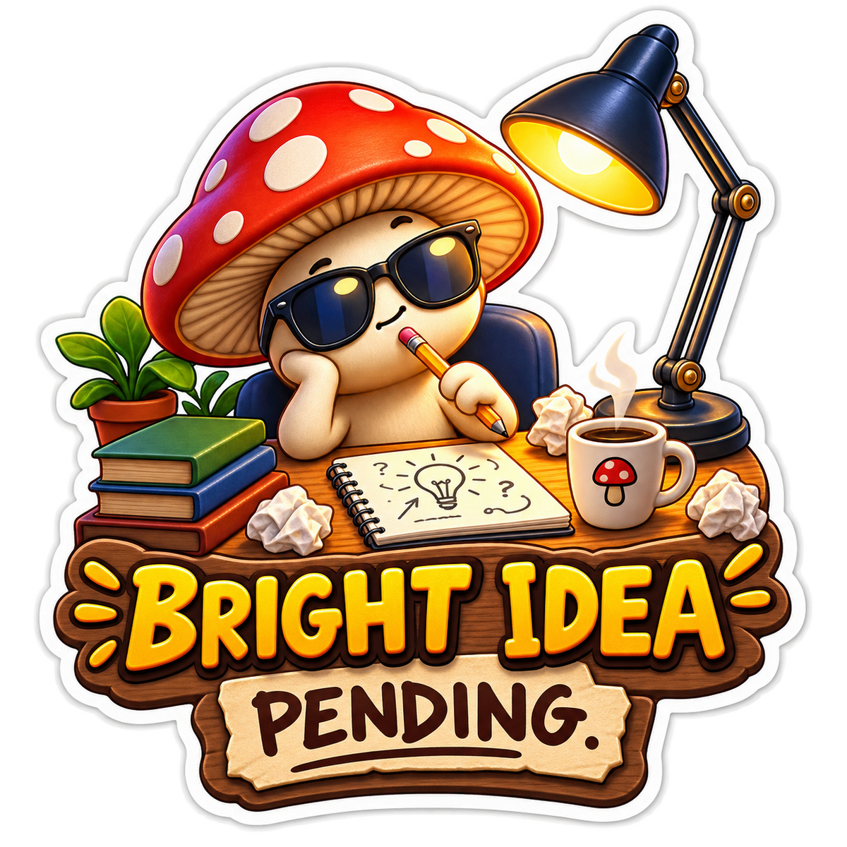 Bright Idea Pending Mushroom at Desk Vinyl Sticker Decal