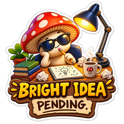 Bright Idea Pending Mushroom at Desk Vinyl Sticker Decal