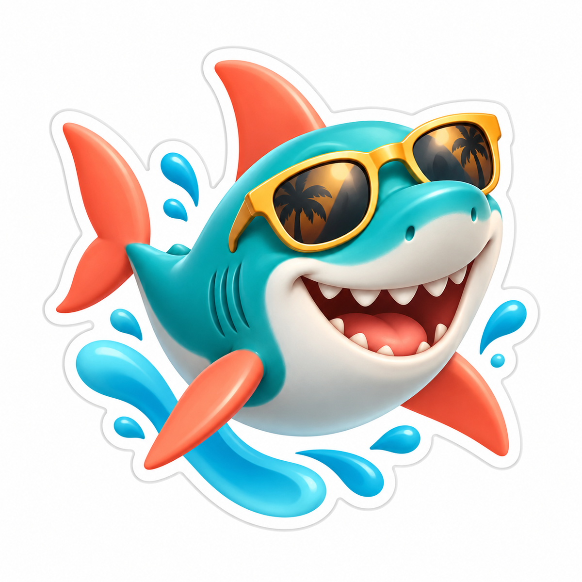 Playful Teal Shark Wearing Golden Sunglasses Vinyl Sticker Decal