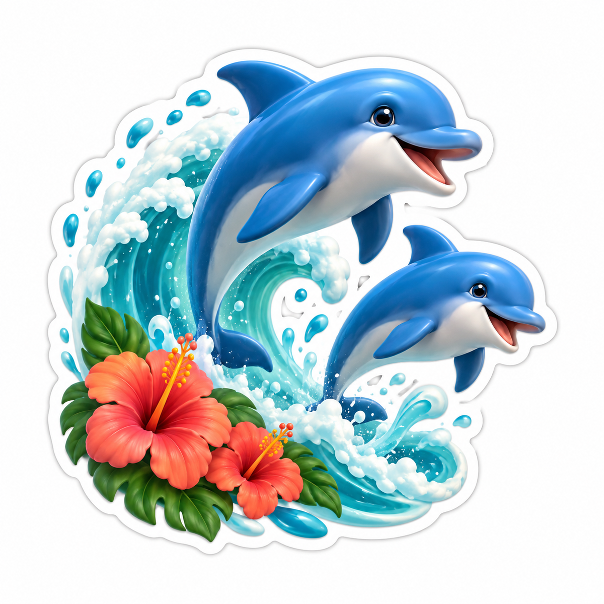 Two Blue Dolphins Wave Coral Hibiscus Vinyl Sticker Decal