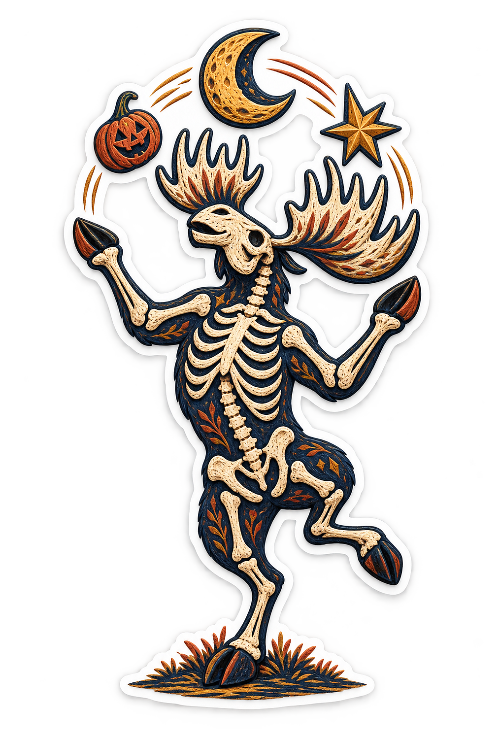 Ochre Linocut Skeleton Moose Moon Juggler Vinyl Sticker Decal