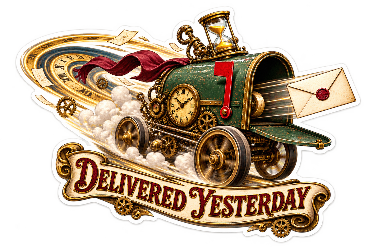 Delivered Yesterday Steampunk Mail Train Vinyl Sticker Decal