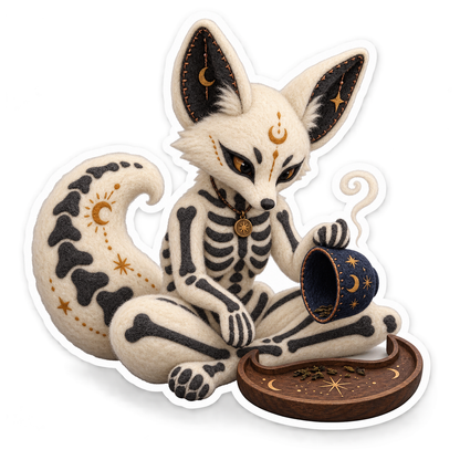 Ivory Felt Skeleton Fox Tea Leaf Fortune Teller Vinyl Sticker Decal