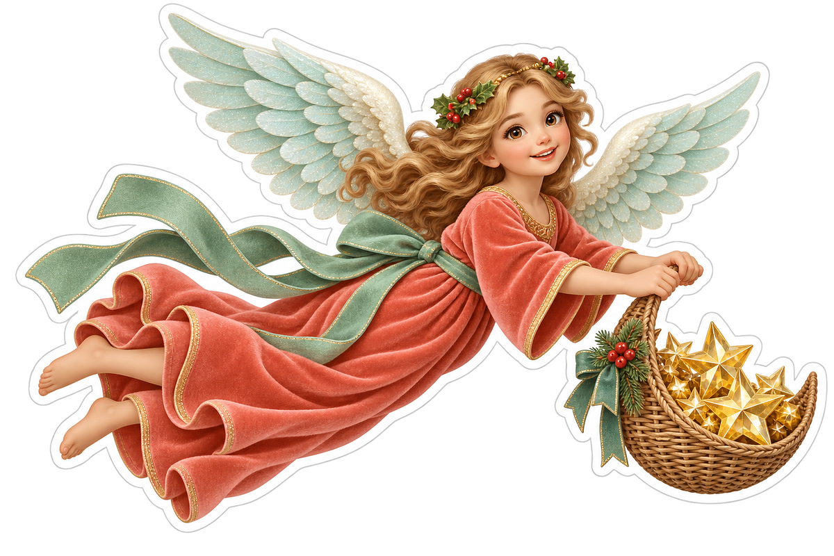 Flying Christmas Angel Coral Gown Star Basket Vinyl Sticker Decal
