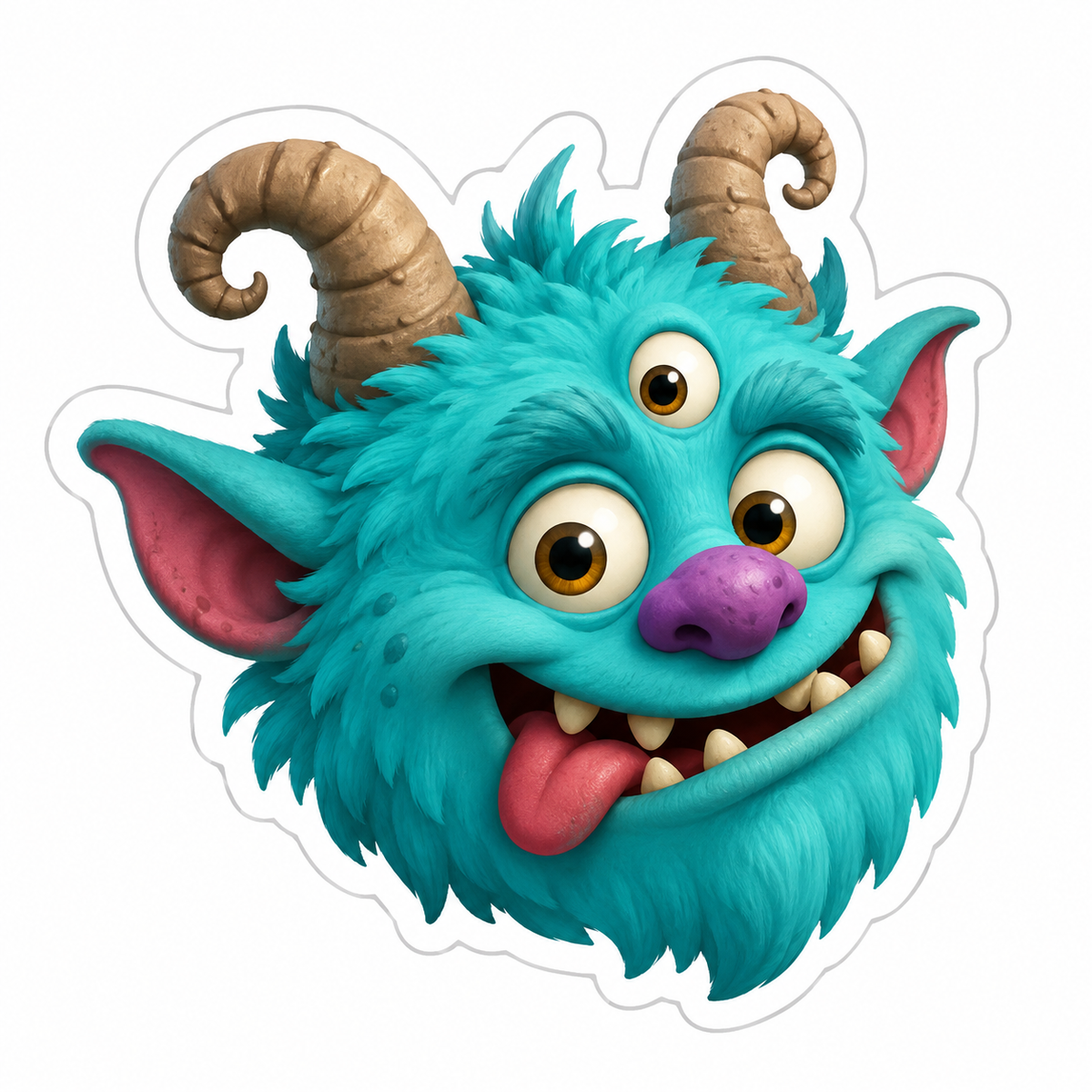 Silly Teal Furry Monster with Curved Horns Vinyl Sticker Decal
