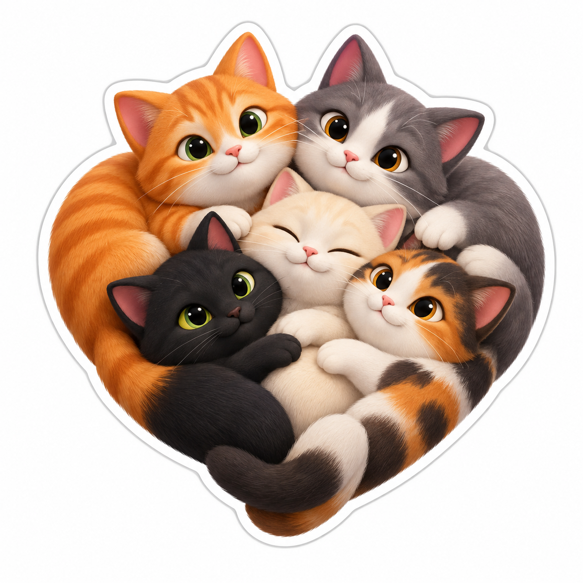Five Cats Heart Shaped Arrangement Vinyl Sticker Decal