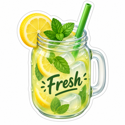 Mint Lemon Iced Drink In Glass Jar Vinyl Sticker Decal