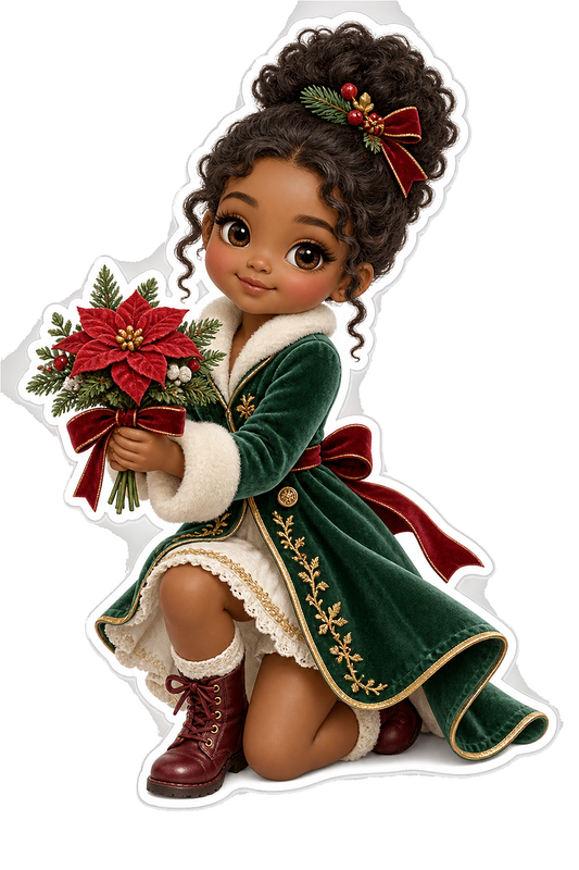Christmas Doll Green Dress with Poinsettias Vinyl Sticker Decal