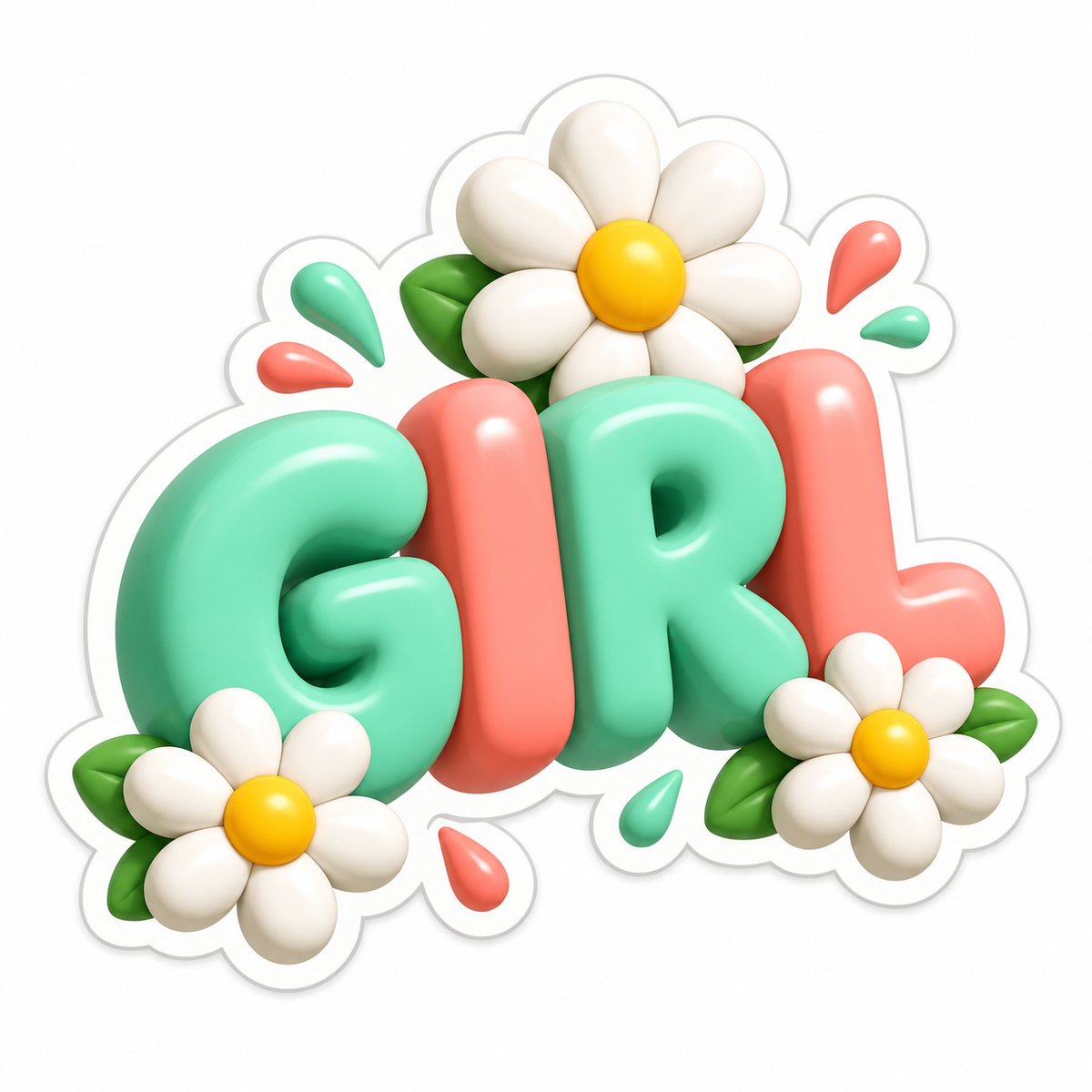 Girl Mint Coral Letters with White Daisies Vinyl Sticker Decal