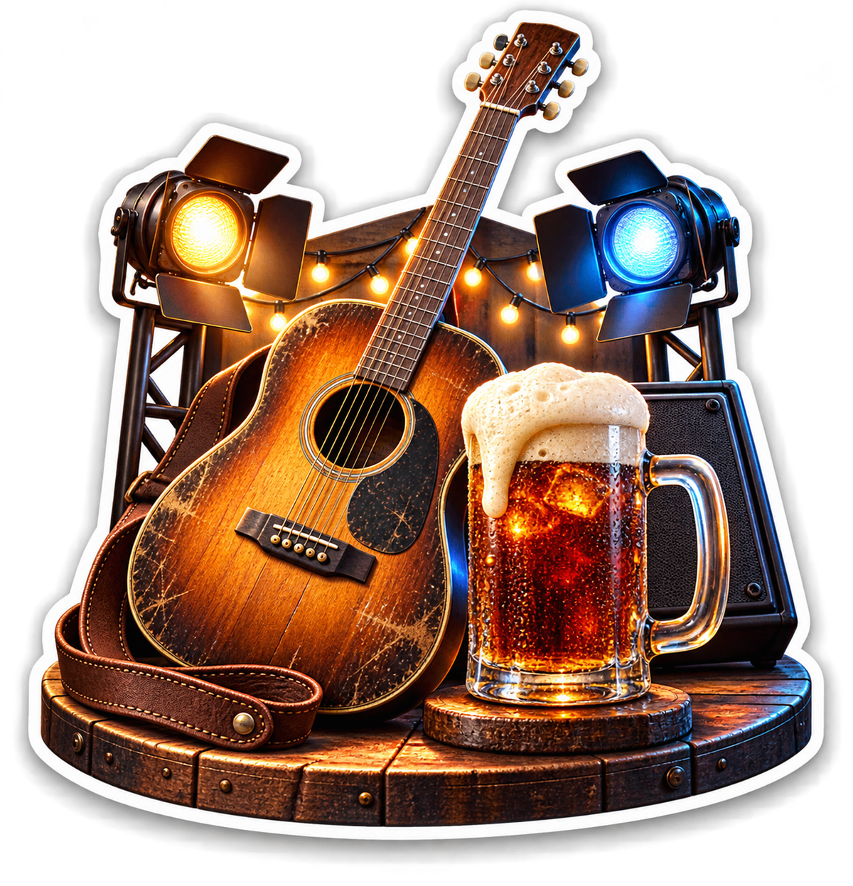 Acoustic Guitar and Beer Mug on Stage Vinyl Sticker Decal