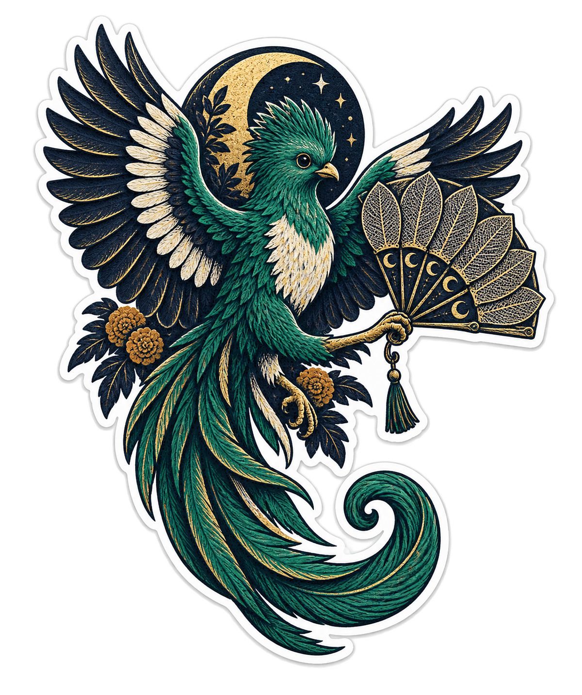 Indigo Linocut Quetzal Skeleton Leaf Fan Dancer Vinyl Sticker Decal