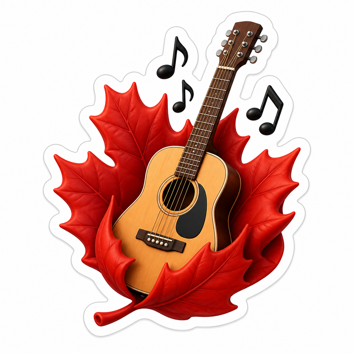 Acoustic Guitar Red Maple Leaf Music Notes Vinyl Sticker Decal