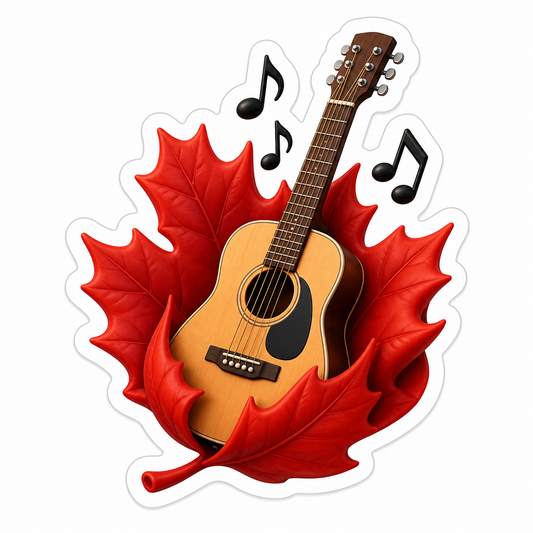 Acoustic Guitar Red Maple Leaf Music Notes Vinyl Sticker Decal