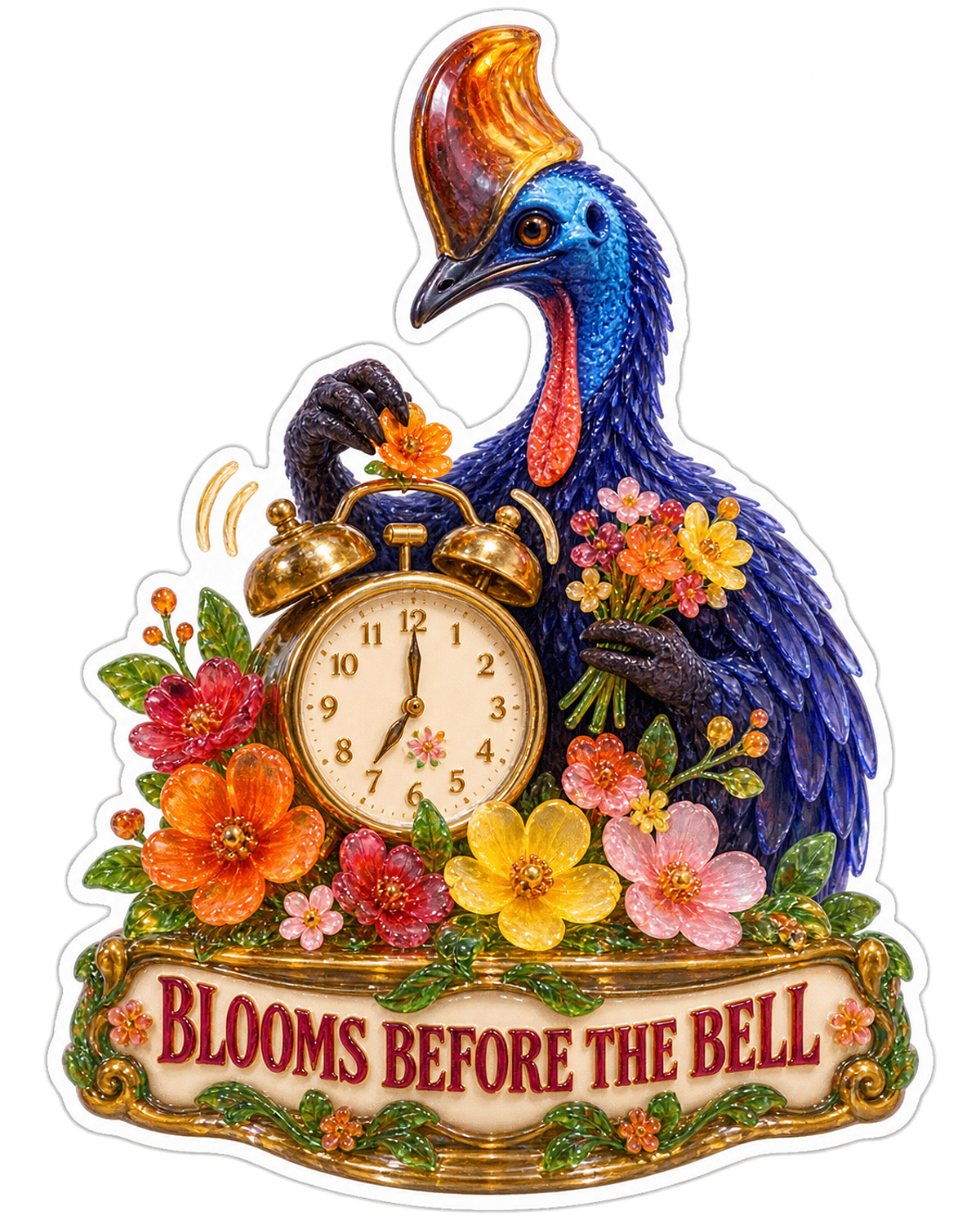 Blooms Before the Bell Cassowary Clock Vinyl Sticker Decal