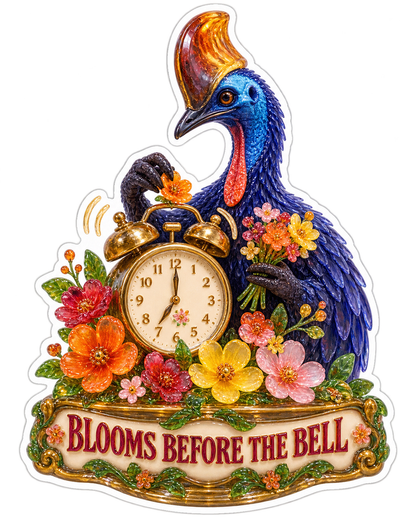 Blooms Before the Bell Cassowary Clock Vinyl Sticker Decal