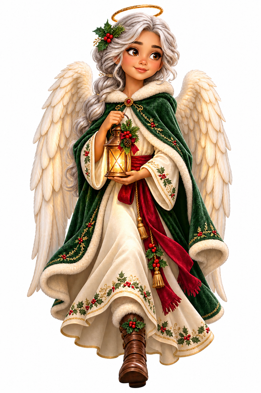 Christmas Angel Green Red Cloak Lantern Vinyl Sticker Decal