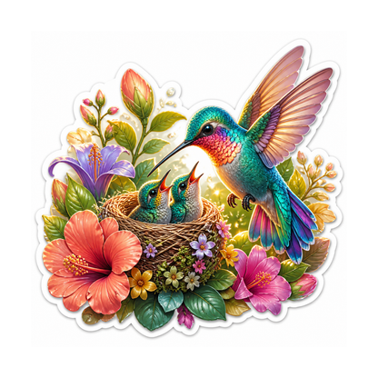 Hummingbird Feeding Chicks Floral Nest Vinyl Sticker Decal