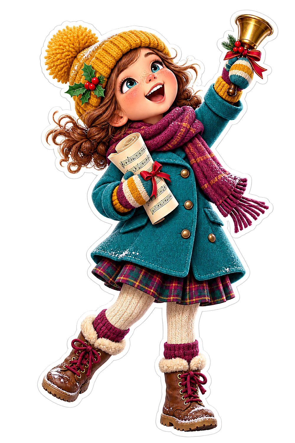 Christmas Caroler Girl Teal Coat Yellow Hat Vinyl Sticker Decal