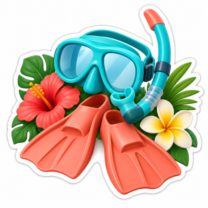 Turquoise Snorkel Mask Coral Flippers Flowers Vinyl Sticker Decal