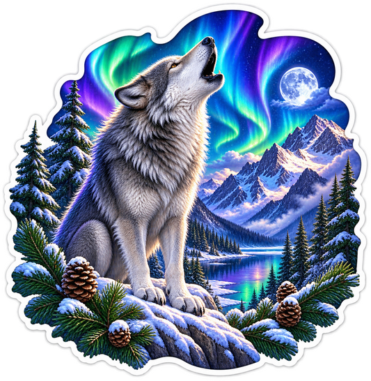 Howling Wolf beneath Northern Lights Vinyl Sticker Decal