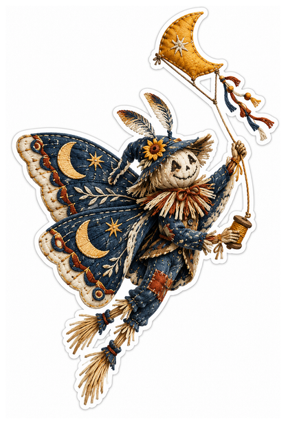Indigo Crewel Scarecrow Moth Moon Kite Vinyl Sticker Decal