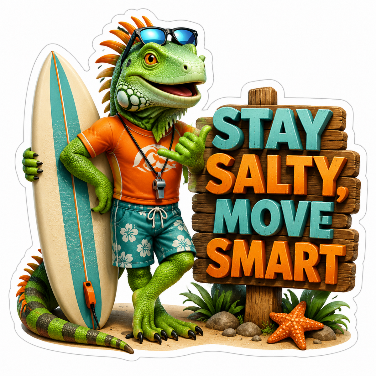 Stay Salty Move Smart Iguana Surfer Vinyl Sticker Decal
