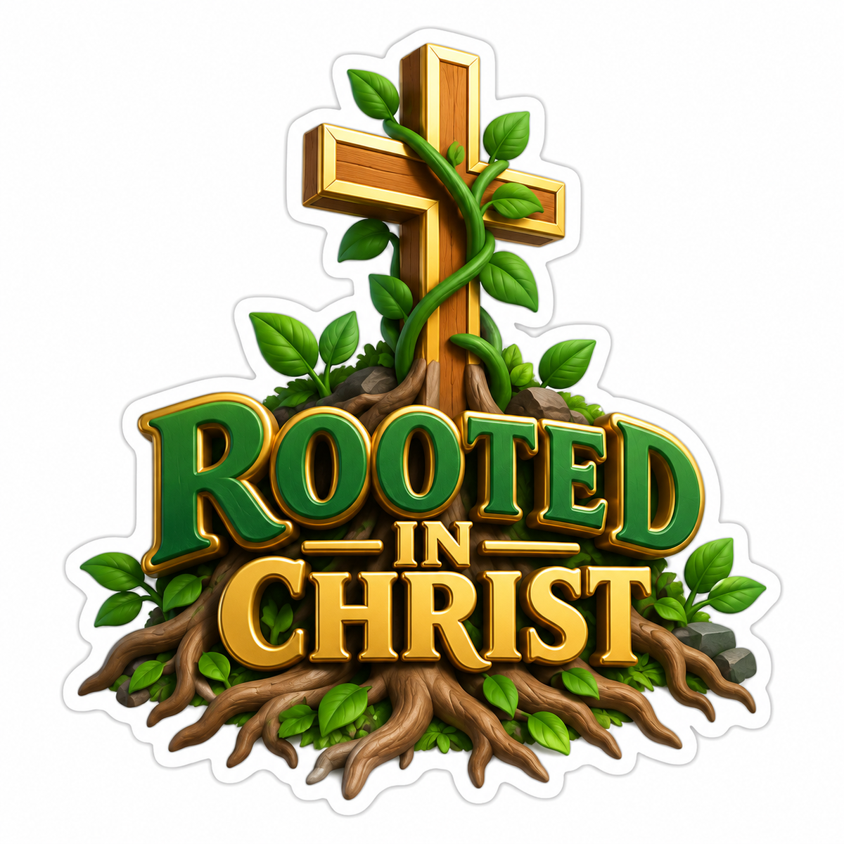 Rooted In Christ Green Gold Vinyl Sticker Decal