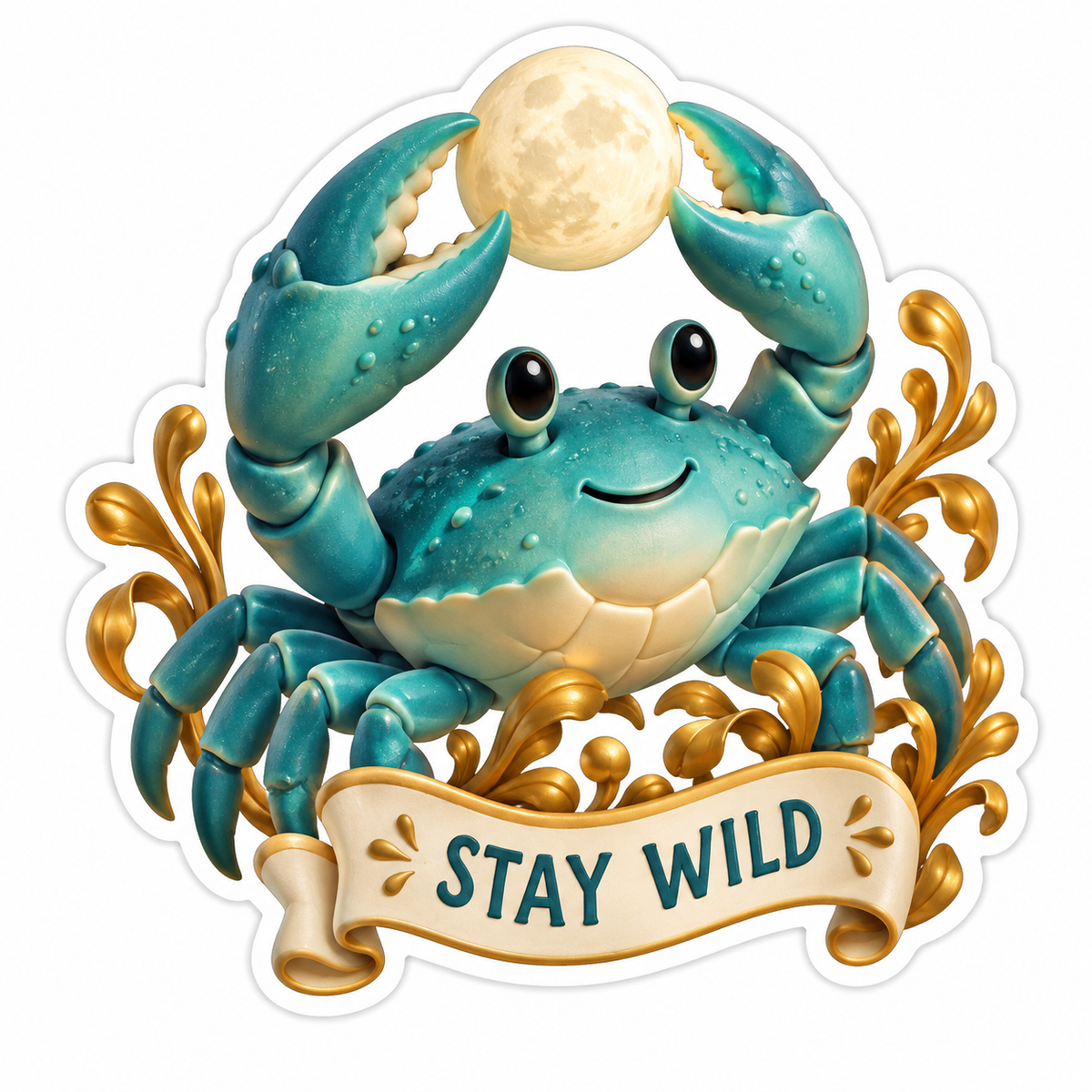 Teal Crab Holding Ivory Moon Between Its Claws Vinyl Sticker Decal