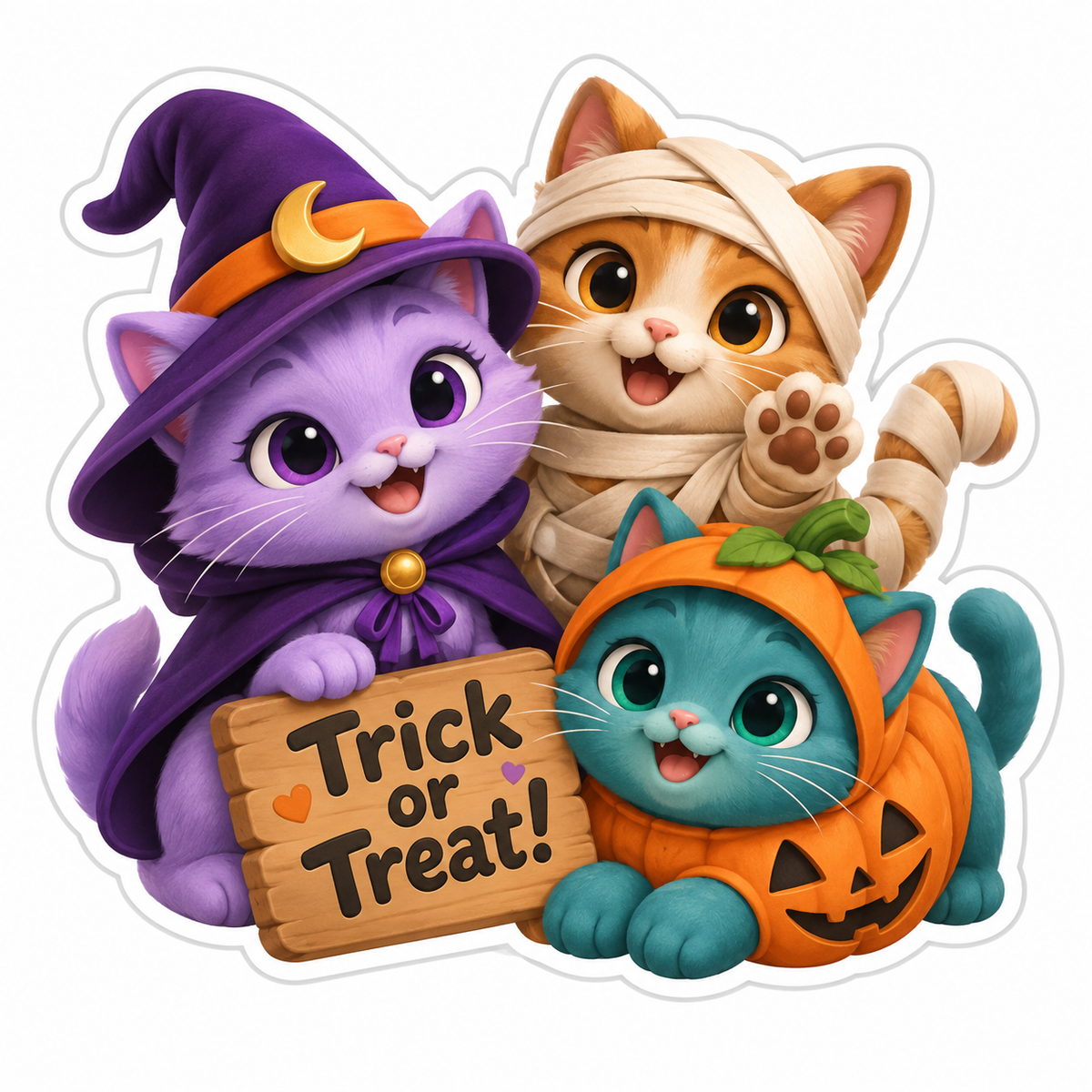 Trio Of Cute Halloween Cats: Lavender Witch Cat Vinyl Sticker Decal