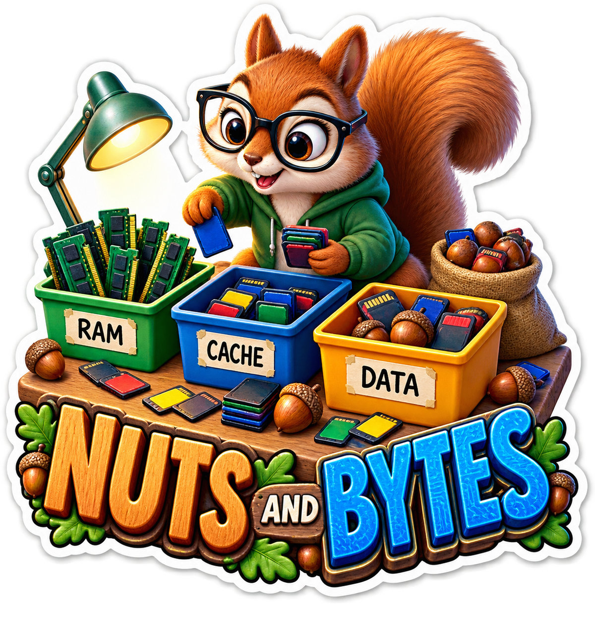 Nuts and Bytes Squirrel at Sorting Desk Vinyl Sticker Decal