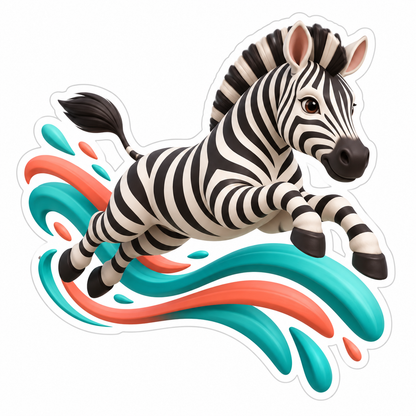 Zebra Leaping Over Coral Teal Speed Ribbons Vinyl Sticker Decal