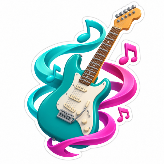 Teal Electric Guitar Colorful Music Notes Vinyl Sticker Decal