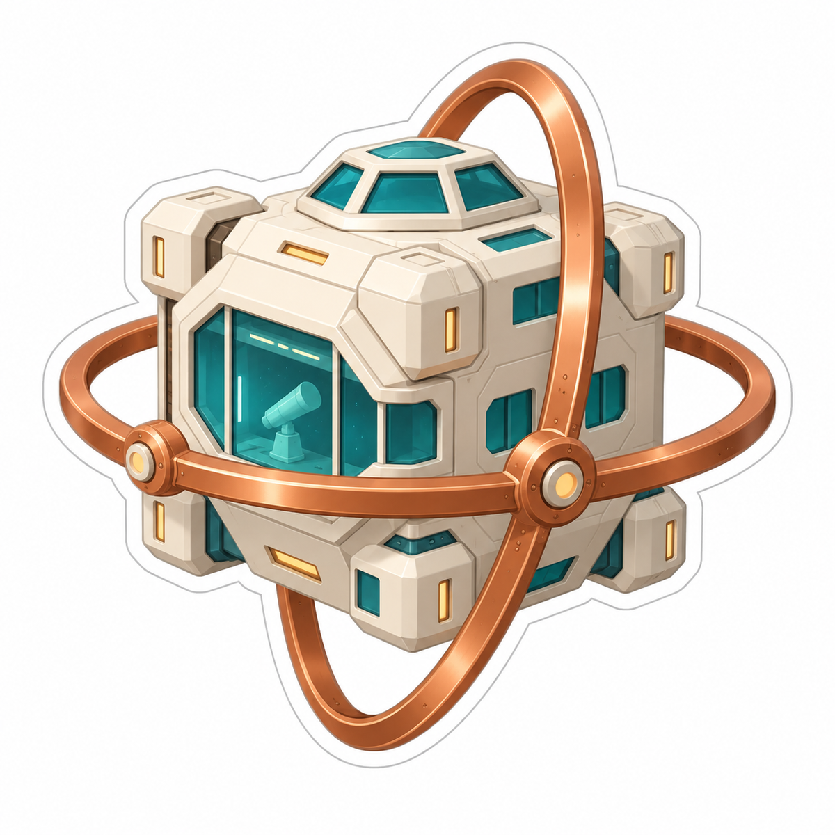 Cream Space Observatory Shaped Like Faceted Cube Vinyl Sticker Decal