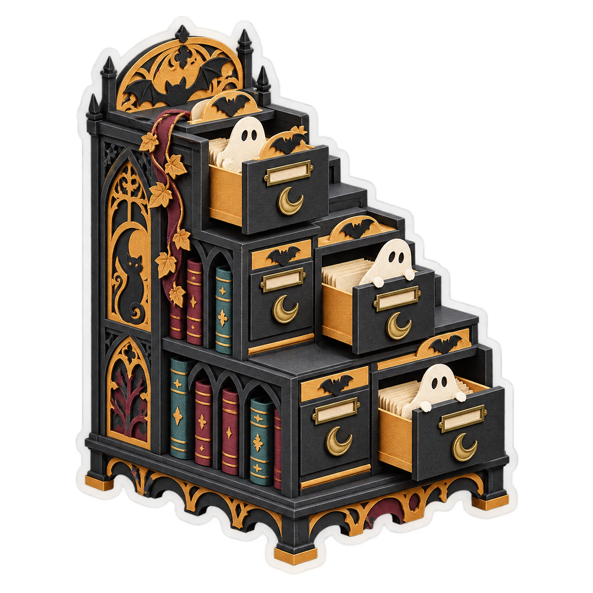 Charcoal Papercut Haunted Library Card Catalog Vinyl Sticker Decal