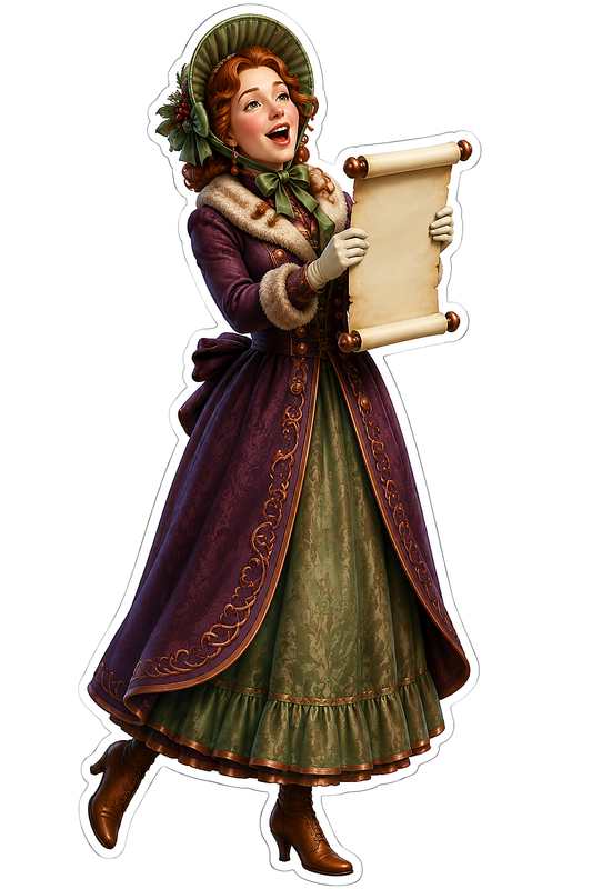 Christmas Caroler Woman Burgundy Gown Scroll Vinyl Sticker Decal