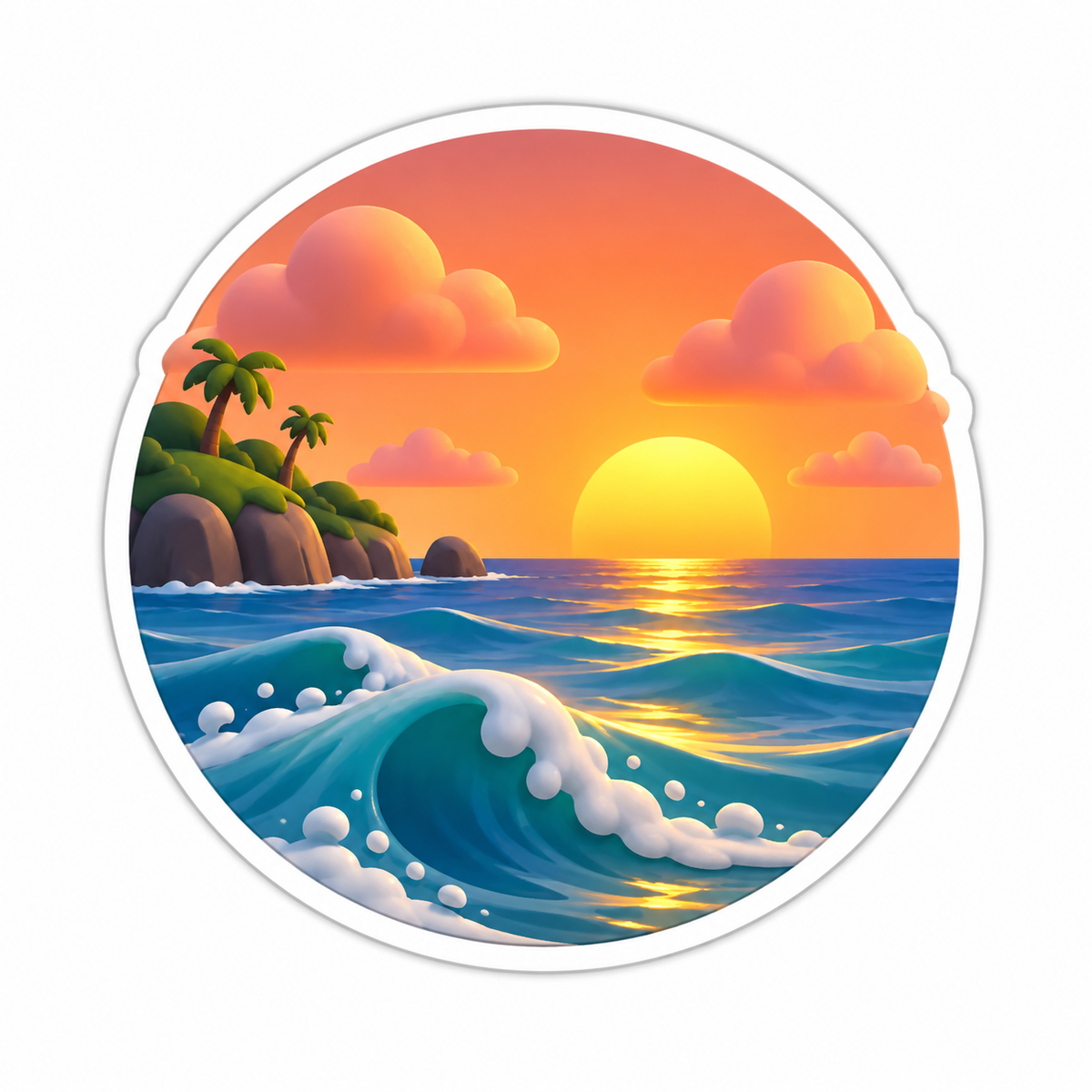 Circular Sunset Over Rolling Ocean Waves Vinyl Sticker Decal