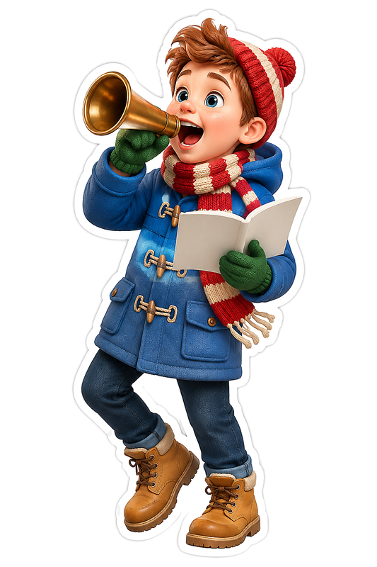 Christmas Caroler Boy Blue Coat Brass Horn Vinyl Sticker Decal