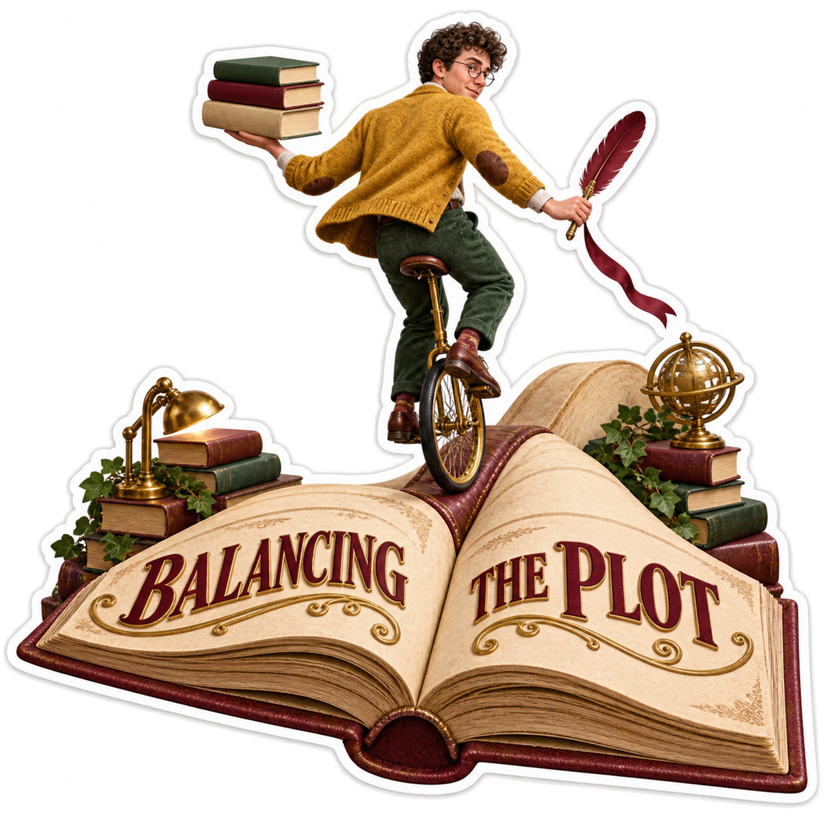 Balancing the Plot Man Book Bicycle Vinyl Sticker Decal