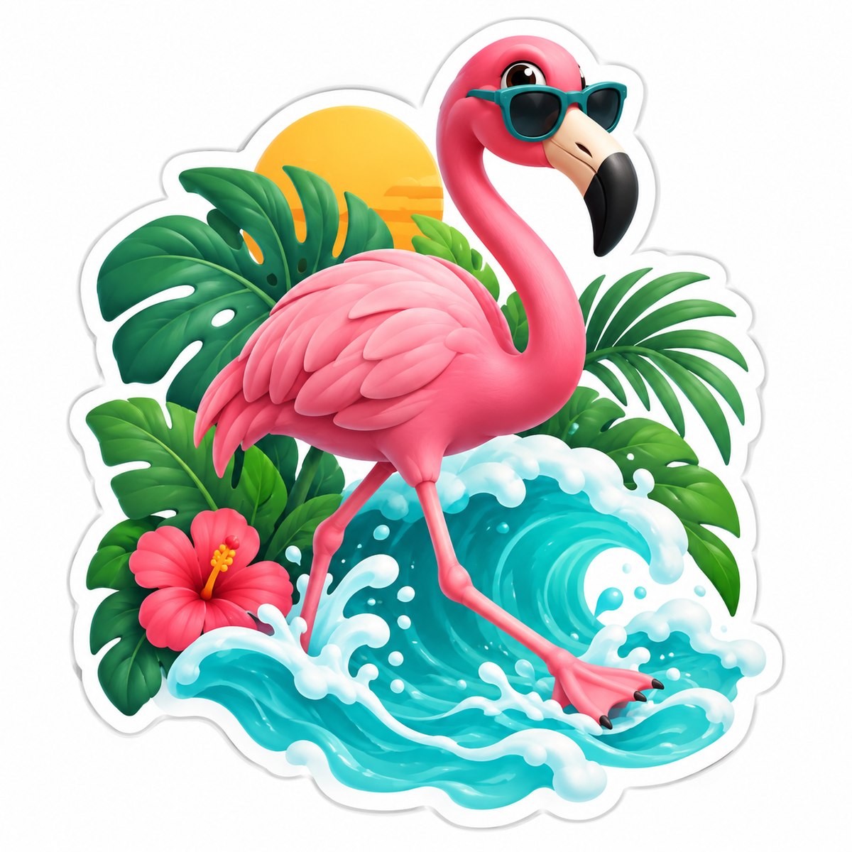 Pink Flamingo Turquoise Wave Palm Leaves Vinyl Sticker Decal